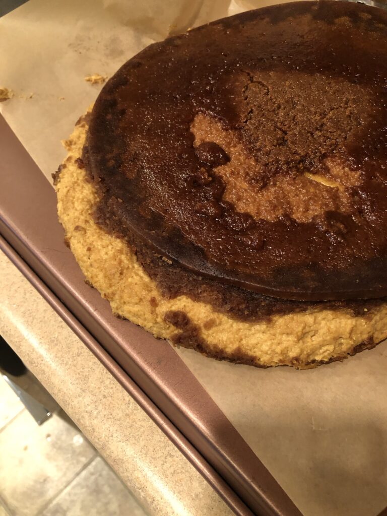 Photo of doomed cheesecake, inverted